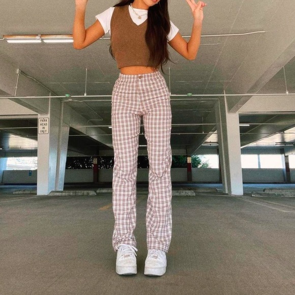 Brandy Melville Pants - Brandy Melville Tilden Pants – Brown Plaid Y2K Aesthetic- S